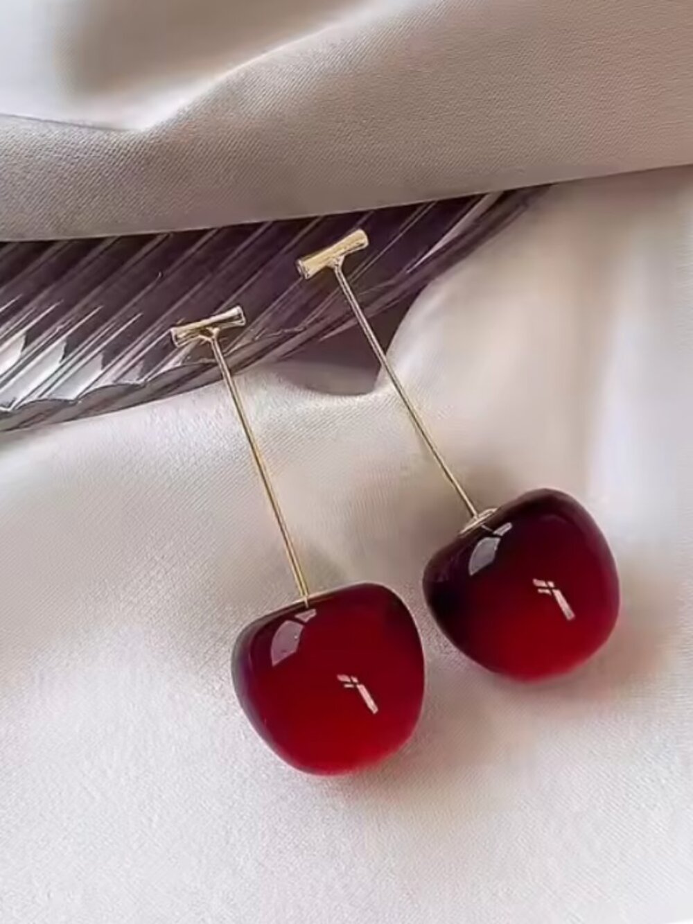 Coach Inspired Red Cherry Dangle Earrings, Glossy Enamel Fruit Jewelry